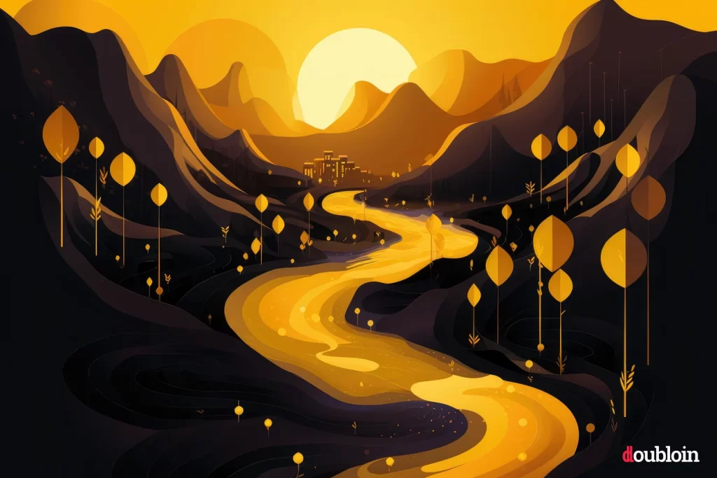 An Ultimate Guide illustration of a yellow river in the mountains showcasing BNB, the Binance Coin.