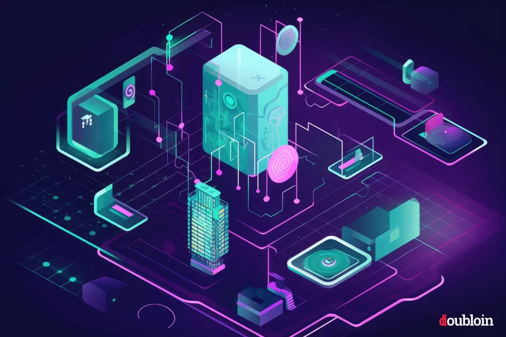 An isometric image featuring a building and other objects showcasing BNB, the Binance Coin.