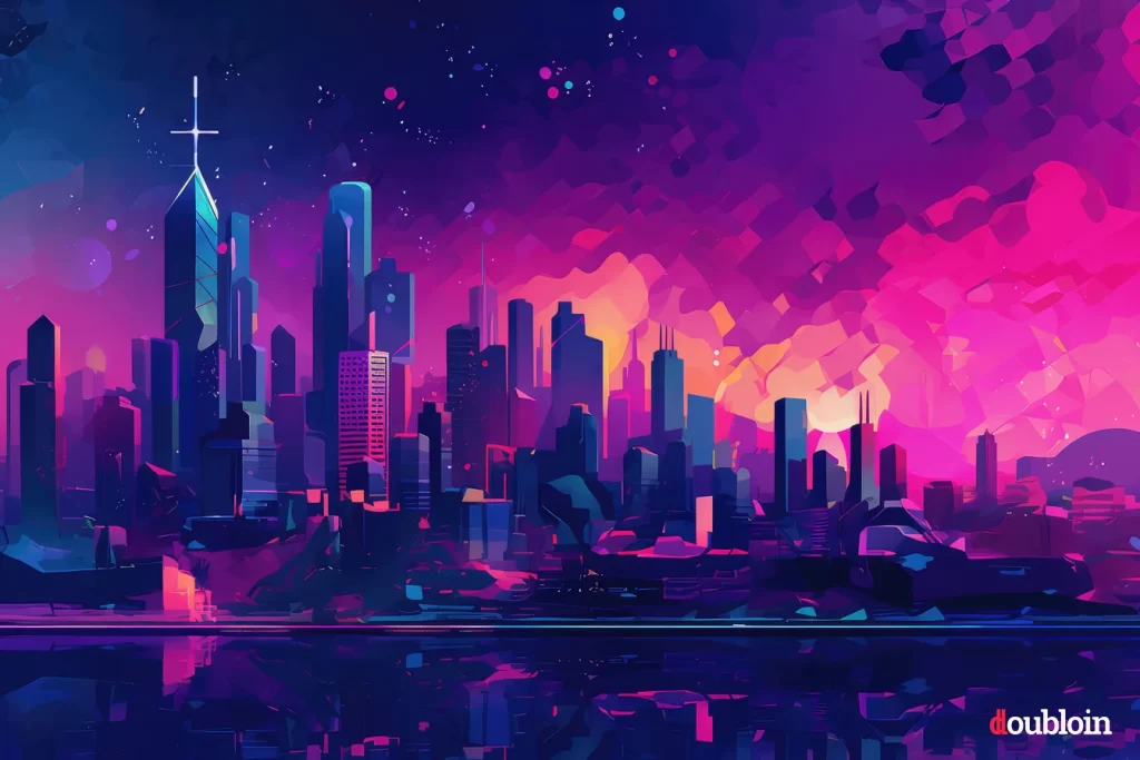 An abstract painting capturing the vibrant energy of a city at night.