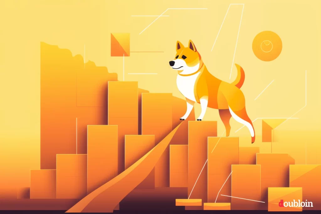 A Dogecoin mascot standing on a bridge.