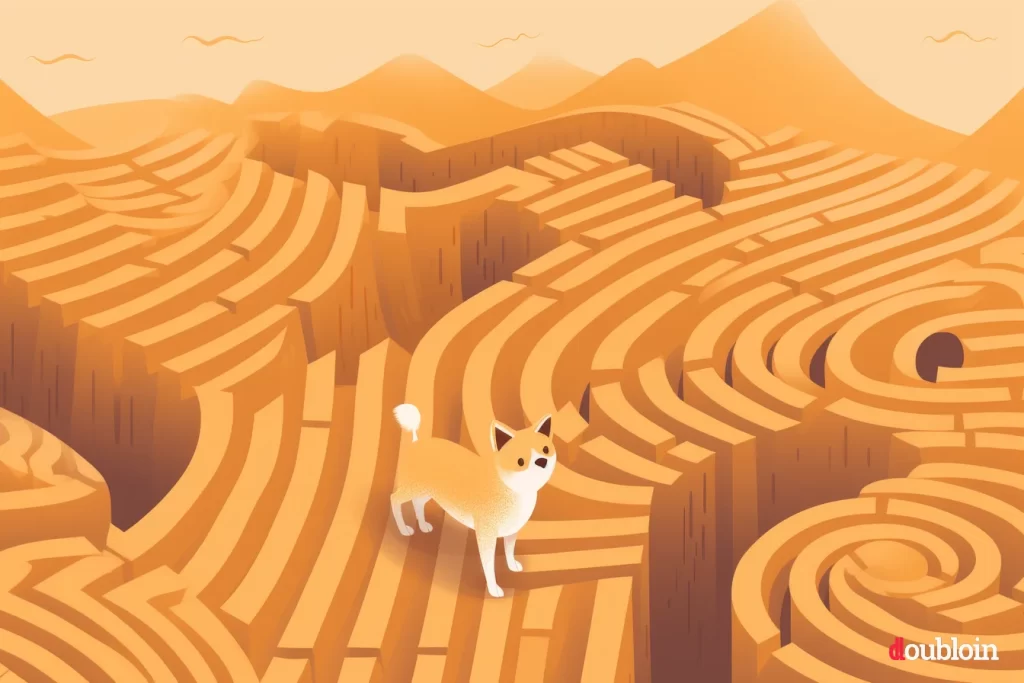 A Dogecoin dog standing on a maze.