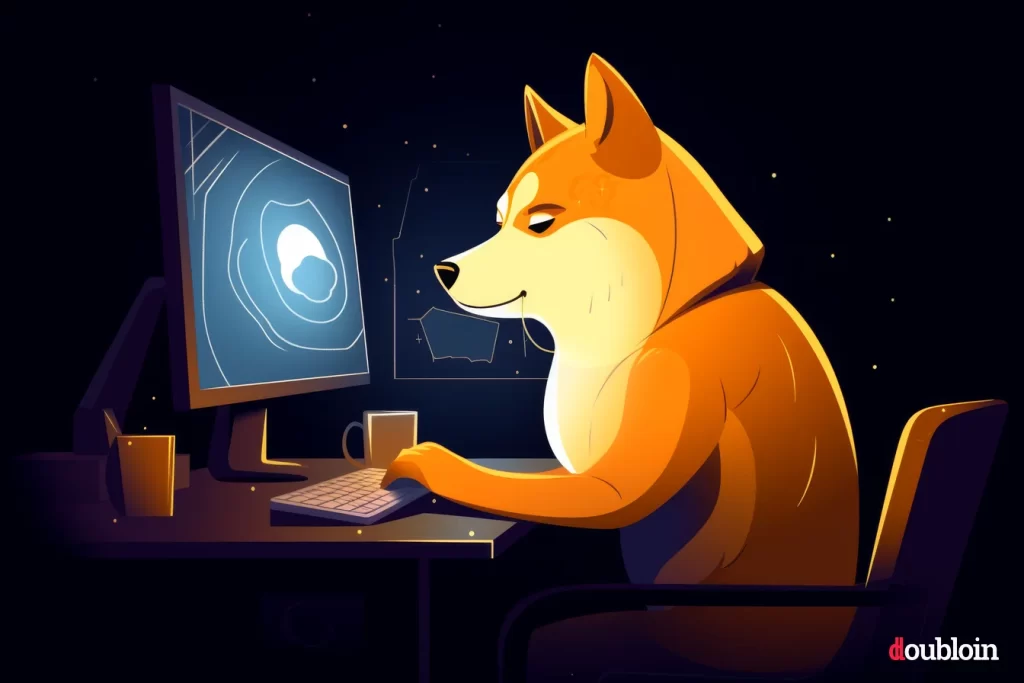 A dog sitting in front of a computer screen, possibly exploring the world of cryptocurrency.
